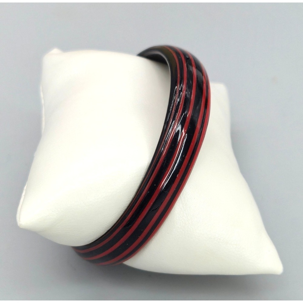 Vintage Polished Wood Bangle — Red/Black Stripes — Stacking